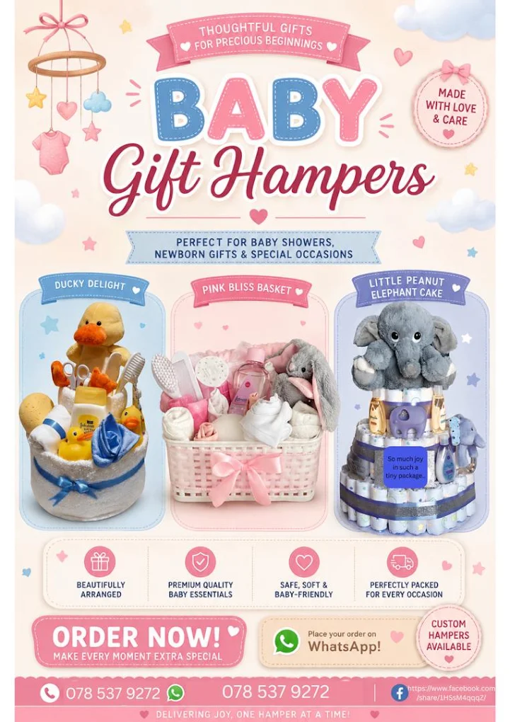 Baby gift hampers including Ducky Delight, Pink Bliss Basket and elephant nappy cake