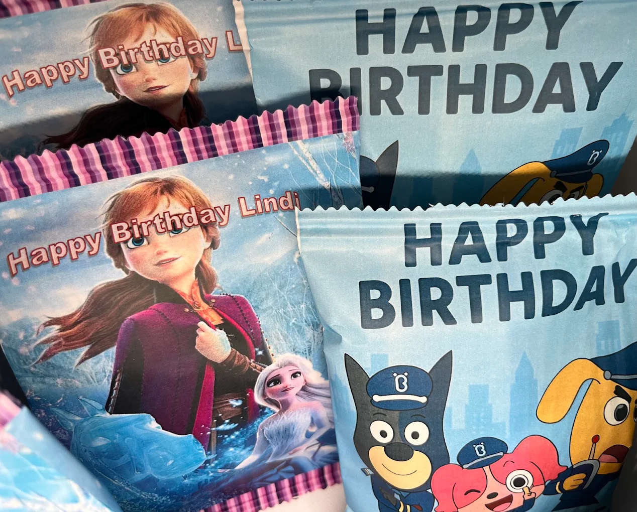 Personalised birthday party favours and custom-printed snack bags for kids' parties